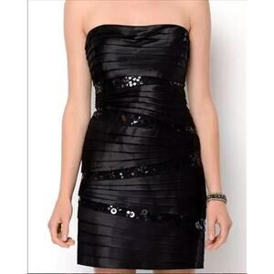 BCBGMAXAZRIA Cocktail Mini Dress Women 10 Black Satin Sequin Tiered Party LBD